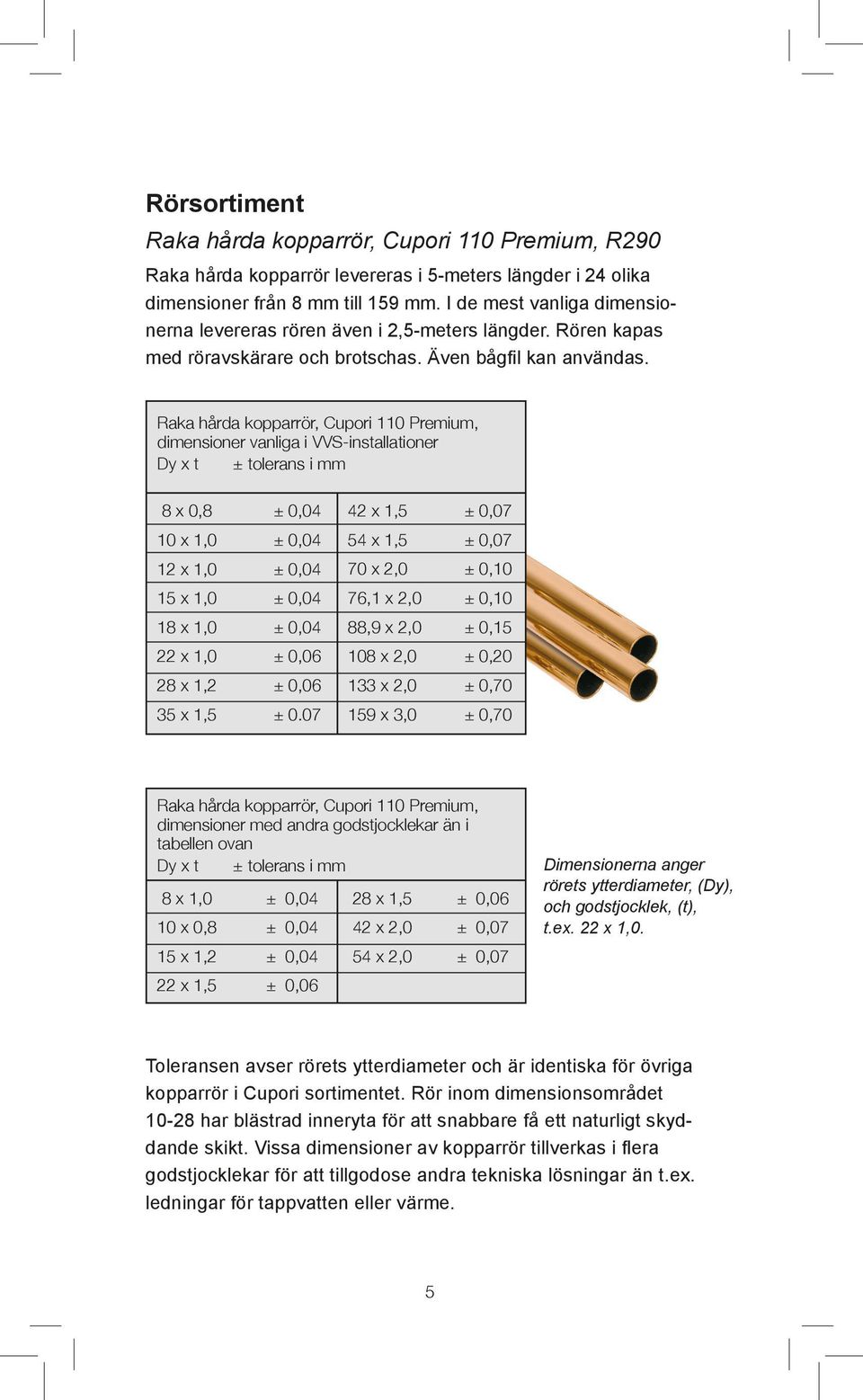 Raka hårda kopparrör, Cupori 110 Premium, dimensioner vanliga i VVS-installationer Dy x t ± tolerans i mm 8 x 0,8 ± 0,04 10 x 1,0 ± 0,04 12 x 1,0 ± 0,04 15 x 1,0 ± 0,04 18 x 1,0 ± 0,04 22 x 1,0 ±