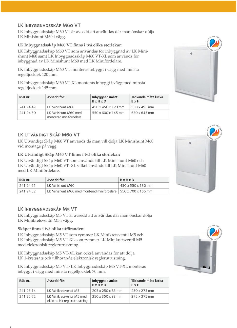 Minishunt M60 med LK Minifördelare. LK Inbyggnadsskåp M60 VT monteras inbyggt i vägg med minsta regeltjocklek 120 mm.