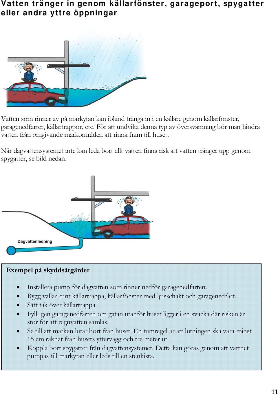 När dagvattensystemet inte kan leda bort allt vatten finns risk att vatten tränger upp genom spygatter, se bild nedan.