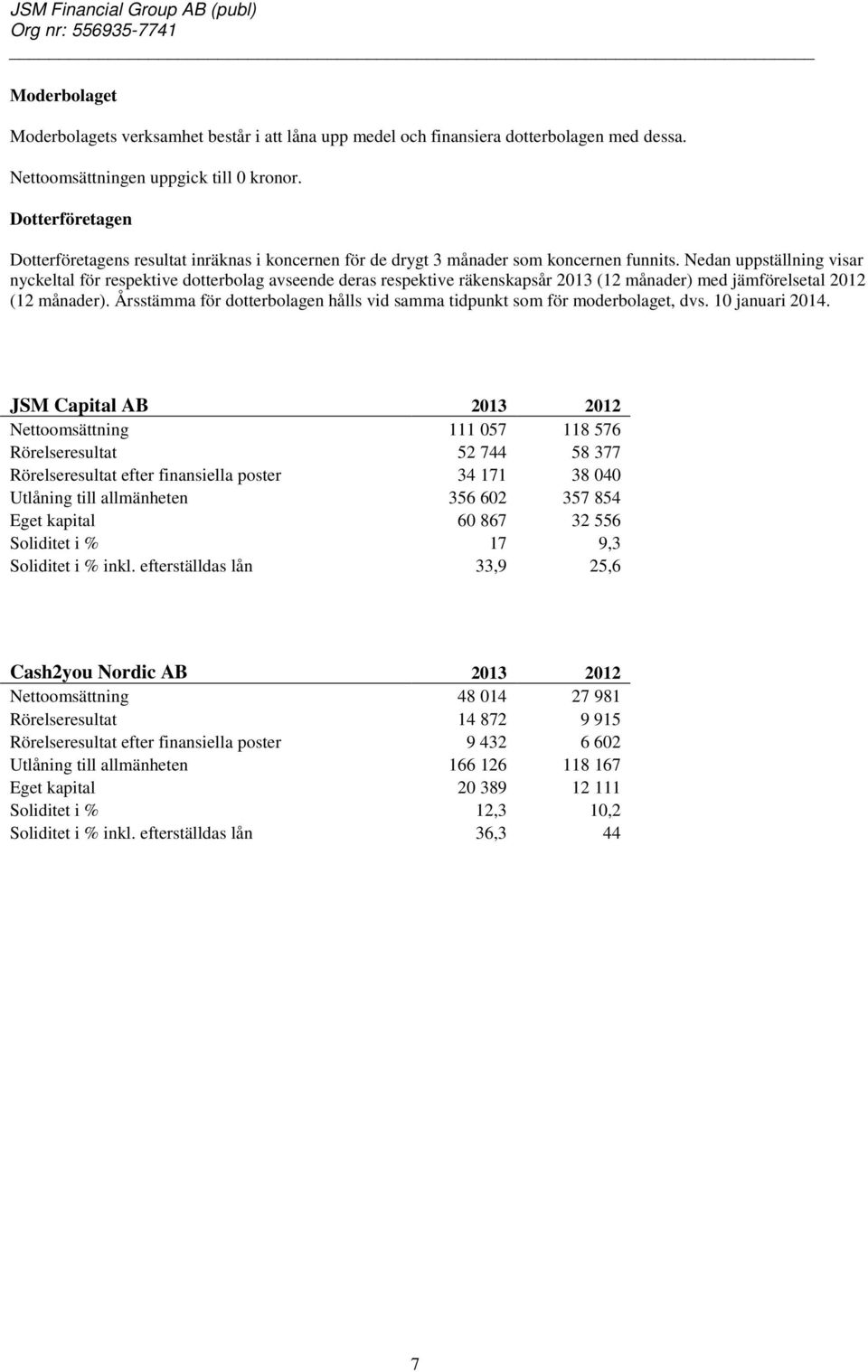 Nedan uppställning visar nyckeltal för respektive dotterbolag avseende deras respektive räkenskapsår 2013 (12 månader) med jämförelsetal 2012 (12 månader).