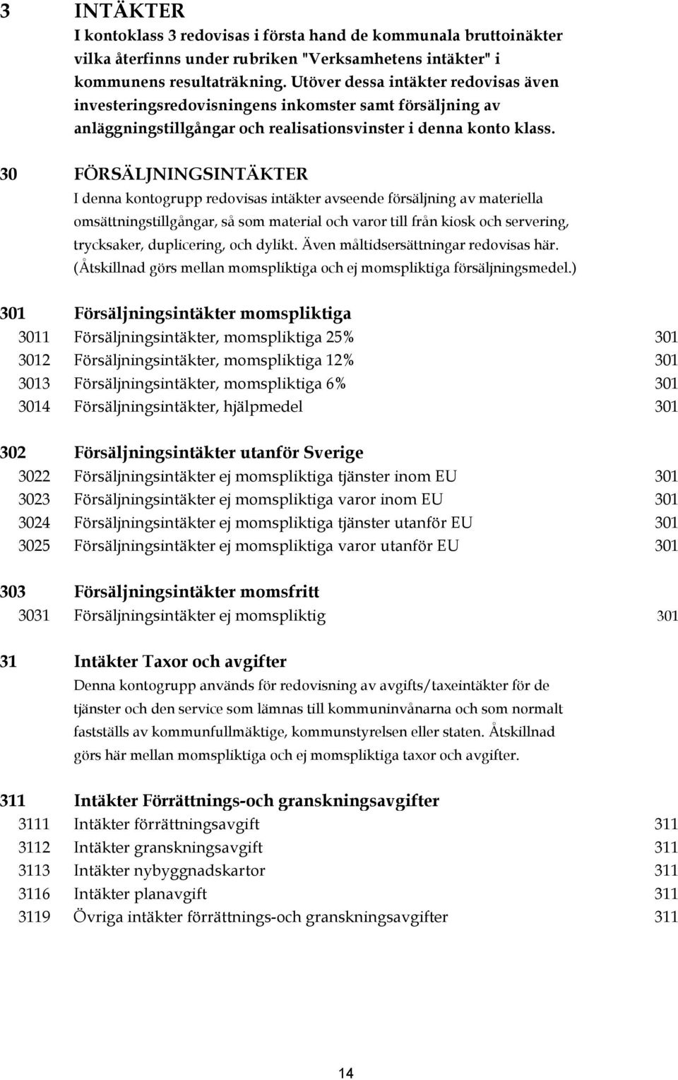 30 FÖRSÄLJNINGSINTÄKTER I denna kontogrupp redovisas intäkter avseende försäljning av materiella omsättningstillgångar, så som material och varor till från kiosk och servering, trycksaker,