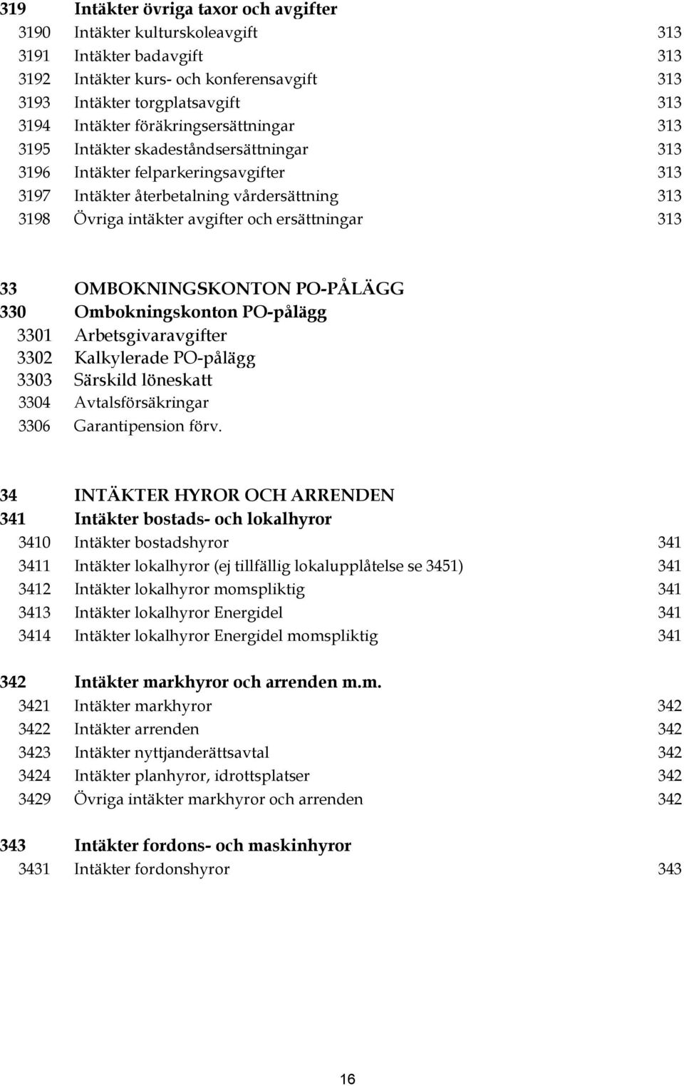 ersättningar 313 33 OMBOKNINGSKONTON PO-PÅLÄGG 330 Ombokningskonton PO-pålägg 3301 Arbetsgivaravgifter 3302 Kalkylerade PO-pålägg 3303 Särskild löneskatt 3304 Avtalsförsäkringar 3306 Garantipension