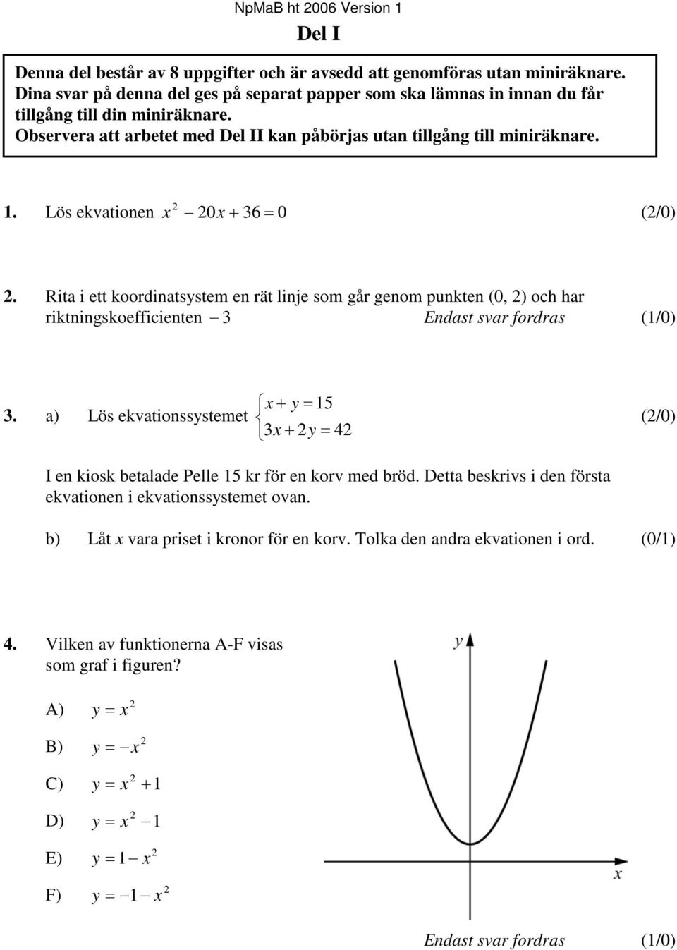 Lös ekvationen 0 + 36 = 0 (/0). Rita i ett koordinatsystem en rät linje som går genom punkten (0, ) och har riktningskoefficienten 3 Endast svar fordras (1/0) 3.