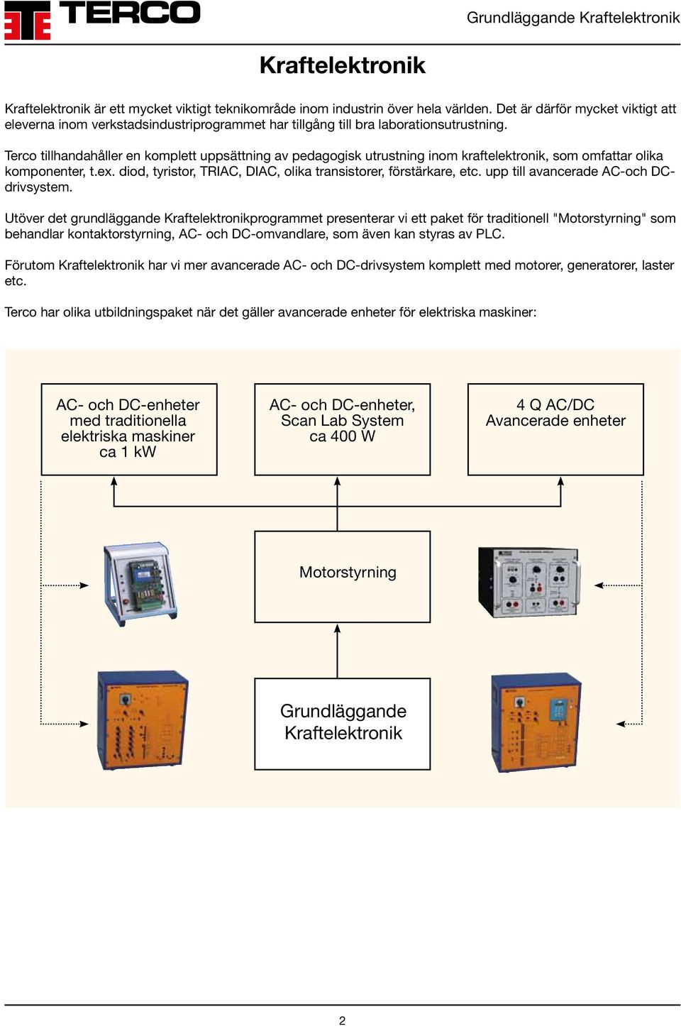 Terco tillhandahåller en komplett uppsättning av pedagogisk utrustning inom kraftelektronik, som omfattar olika komponenter, t.ex. diod, tyristor, TRIAC, DIAC, olika transistorer, förstärkare, etc.