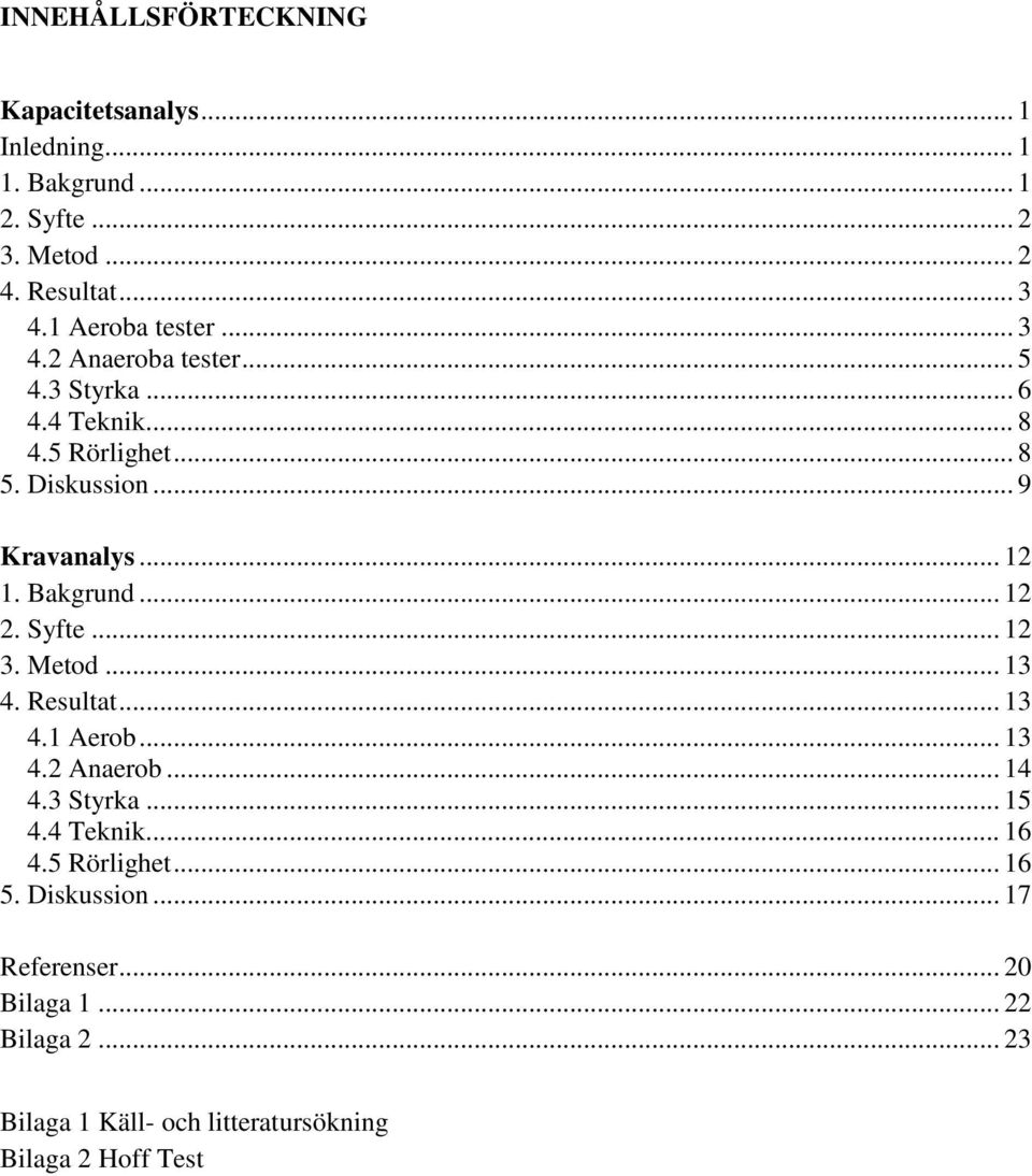 Bakgrund... 12 2. Syfte... 12 3. Metod... 13 4. Resultat... 13 4.1 Aerob... 13 4.2 Anaerob... 14 4.3 Styrka... 15 4.4 Teknik... 16 4.