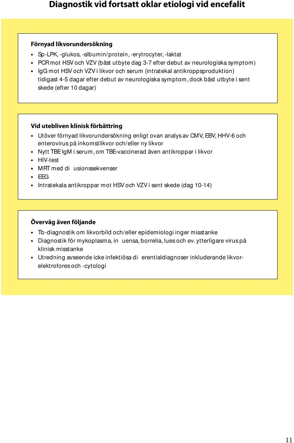 Vid utebliven klinisk förbättring Utöver förnyad likvorundersökning enligt ovan analys av CMV, EBV, HHV-6 och enterovirus på inkomstlikvor och/eller ny likvor Nytt TBE IgM i serum, om TBE-vaccinerad