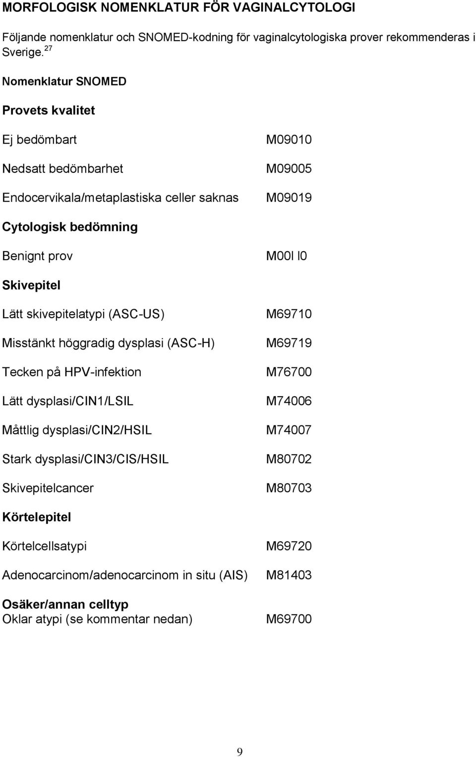 Skivepitel Lätt skivepitelatypi (ASC-US) Misstänkt höggradig dysplasi (ASC-H) Tecken på HPV-infektion Lätt dysplasi/cin1/lsil Måttlig dysplasi/cin2/hsil Stark