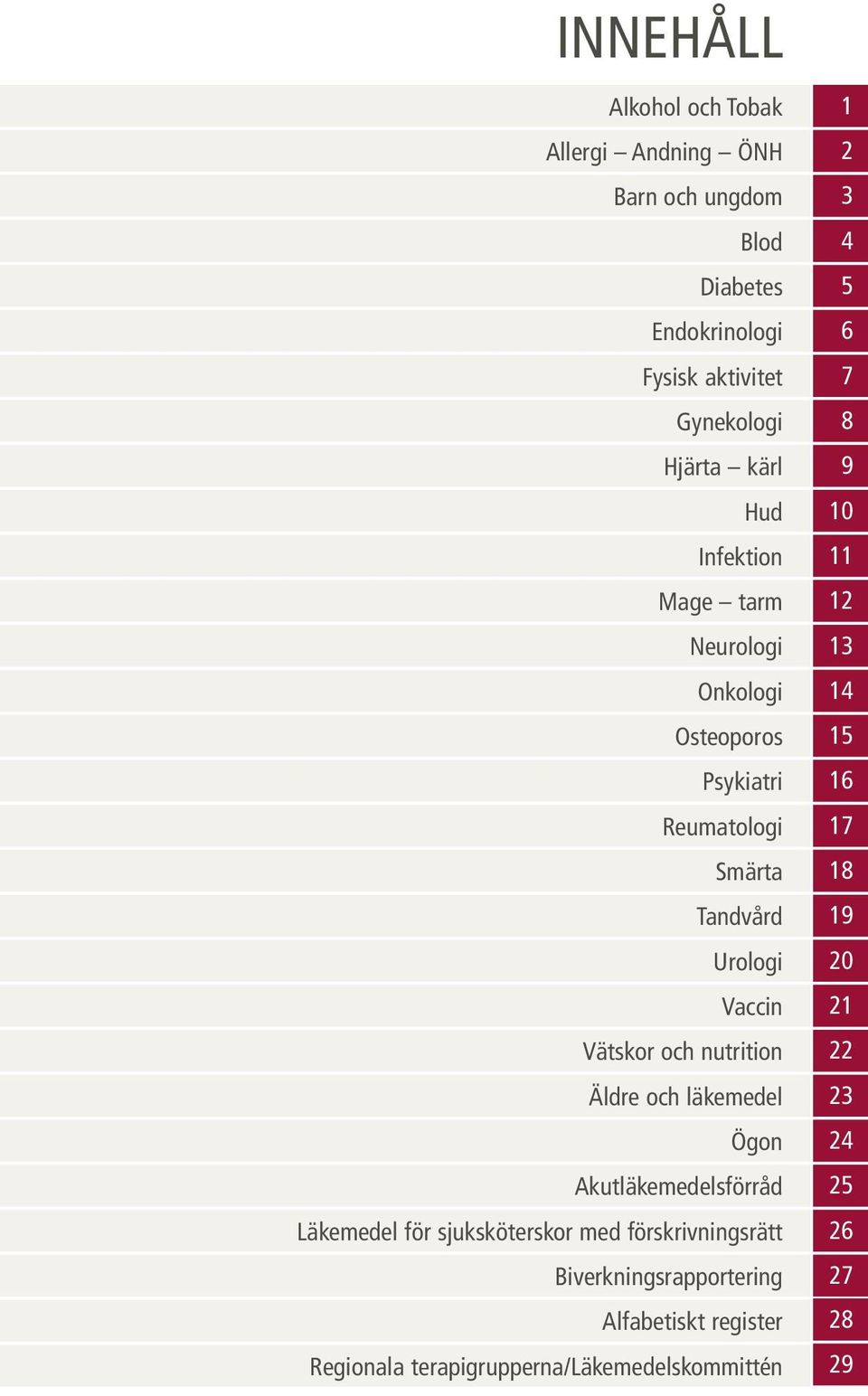 Smärta 18 Tandvård 19 Urologi 20 Vaccin 21 Vätskor och nutrition 22 Äldre och läkemedel 23 Ögon 24 Akutläkemedelsförråd 25