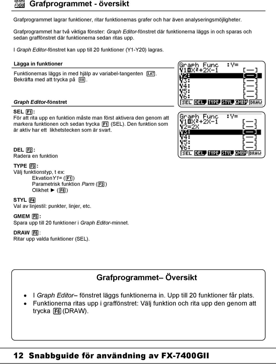 I Graph Editor-fönstret kan upp till 20 funktioner (Y1-Y20) lagras. Lägga in funktioner Funktionernas läggs in med hjälp av variabel-tangenten f. Bekräfta med att trycka på l.