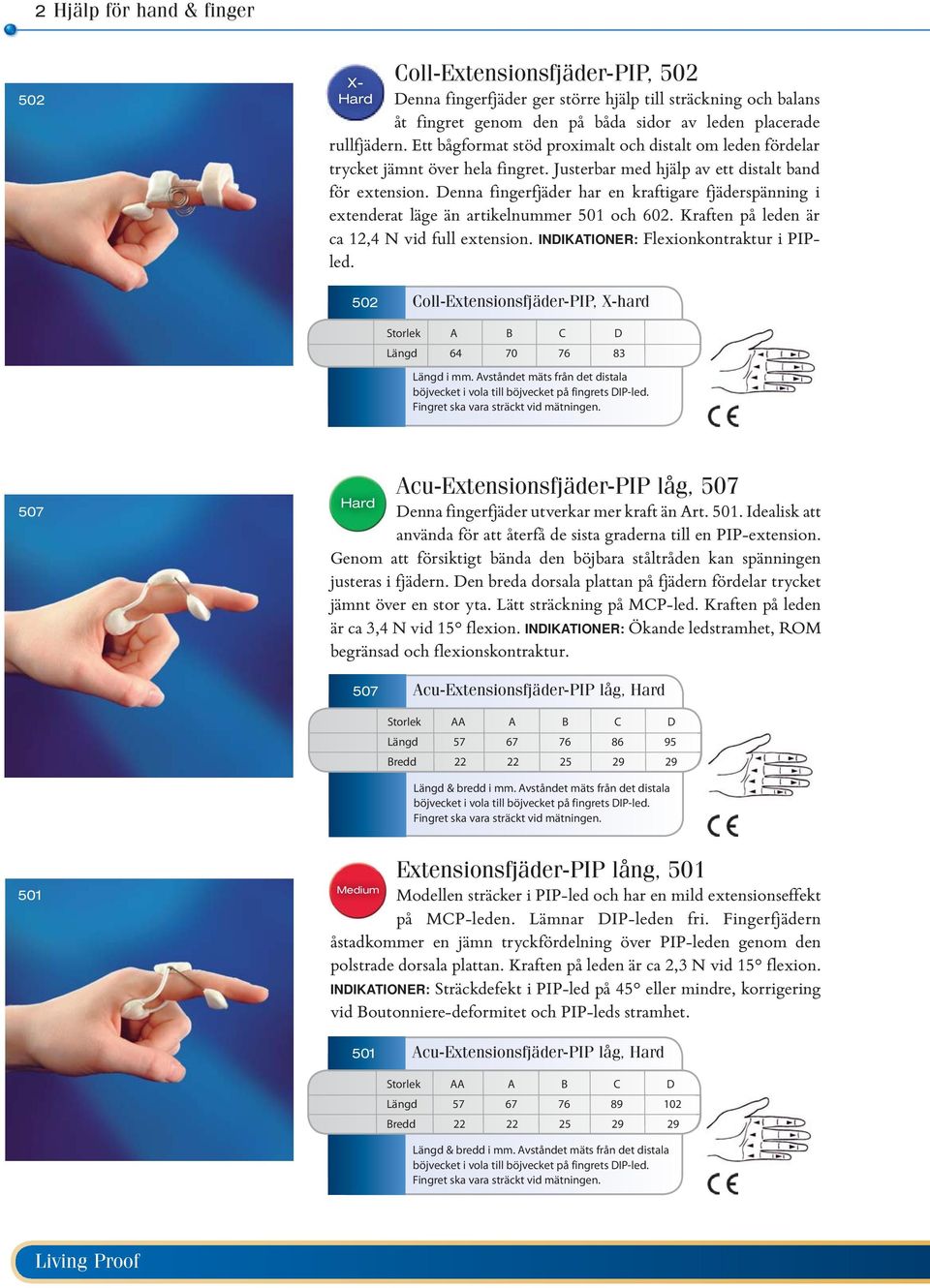 Denna fingerfjäder har en kraftigare fjäderspänning i extenderat läge än artikelnummer 501 och 602. Kraften på leden är ca 12,4 N vid full extension. INDIKATIONER: Flexionkontraktur i PIPled.