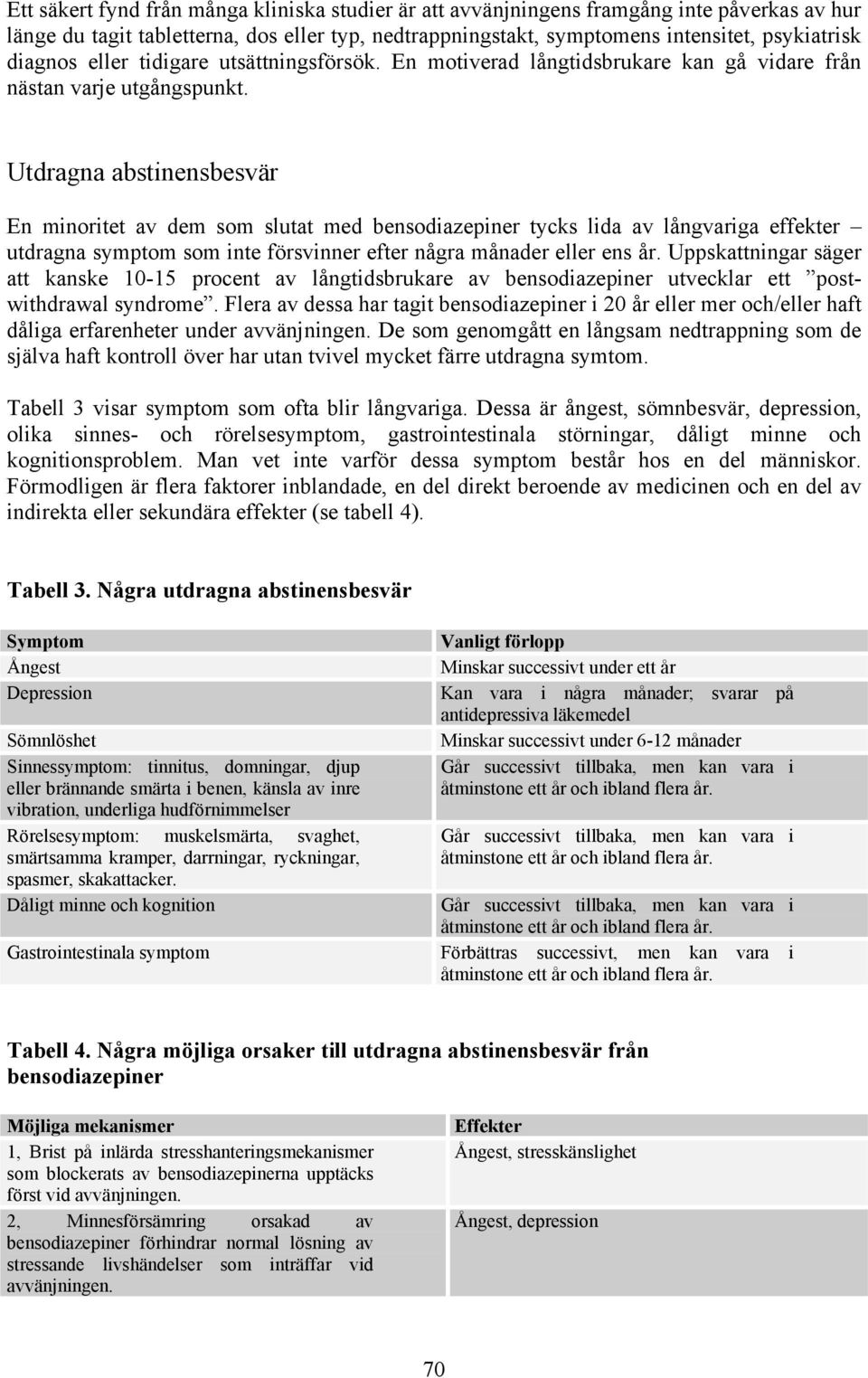 Utdragna abstinensbesvär En minoritet av dem som slutat med bensodiazepiner tycks lida av långvariga effekter utdragna symptom som inte försvinner efter några månader eller ens år.