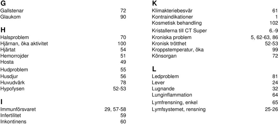 öka 99 Hemorrojder 51 Könsorgan 72 Hosta 49 Hudproblem 55 L Husdjur 56 Ledproblem 81 Huvudvärk 78 Lever 24 Hypofysen 52-53