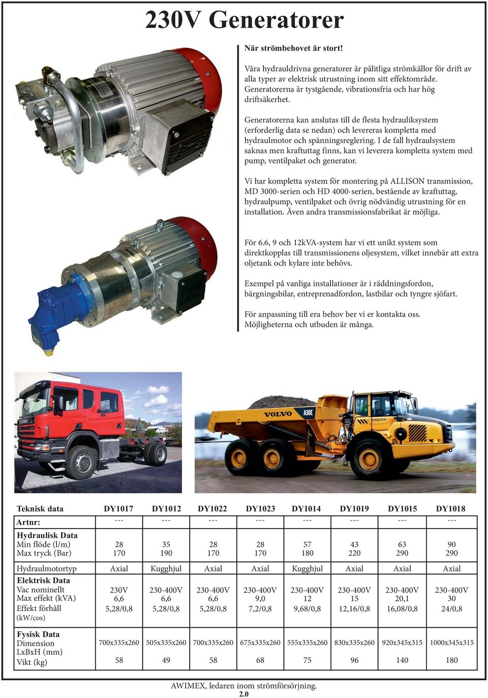 Generatorerna kan anslutas till de flesta hydrauliksystem (erforderlig data se nedan) och levereras kompletta med hydraulmotor och spänningsreglering.