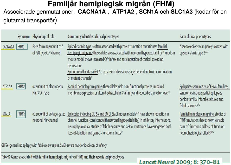 CACNA1A, ATP1A2, SCN1A och