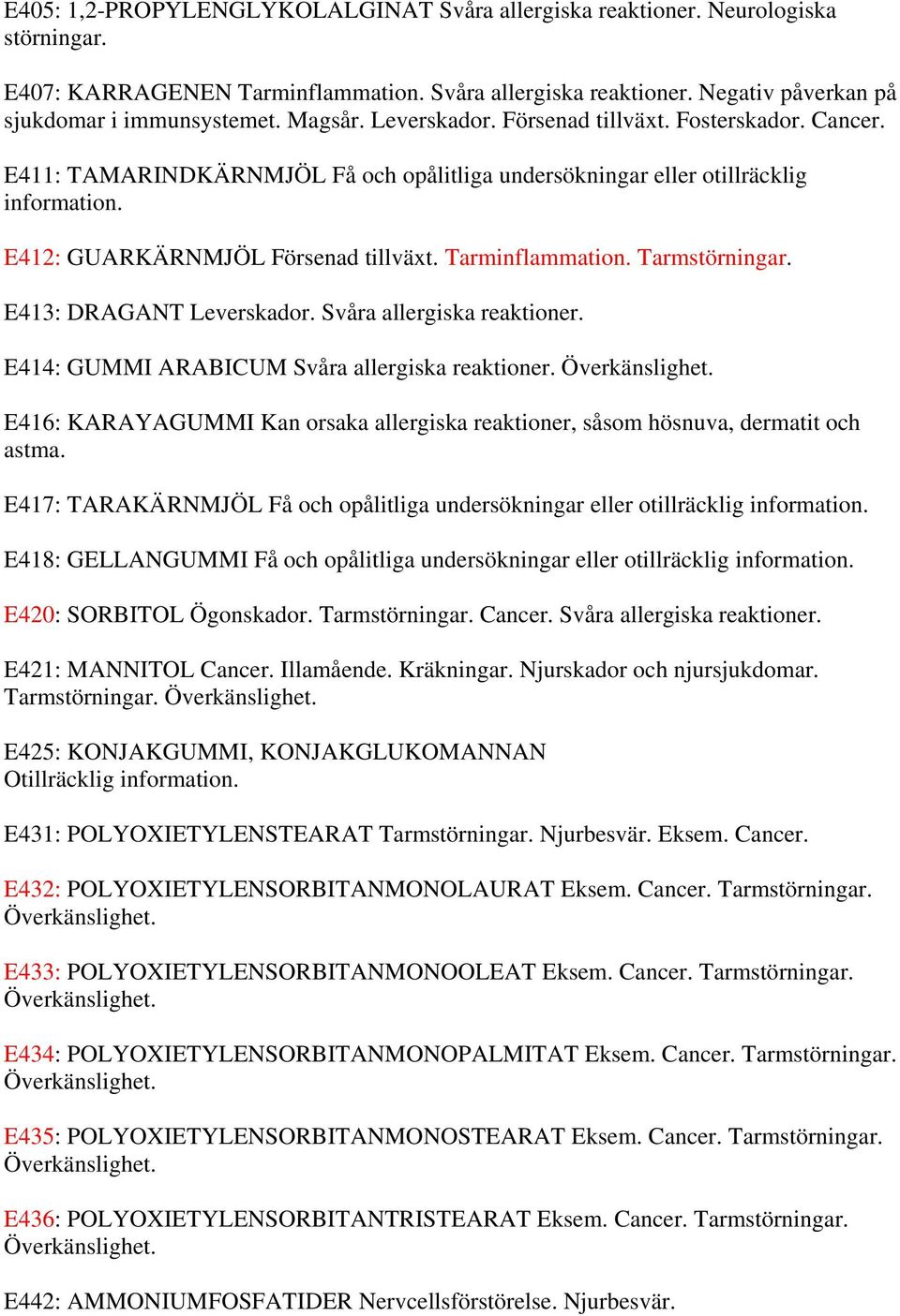 Tarminflammation. Tarmstörningar. E413: DRAGANT Leverskador. Svåra allergiska reaktioner. E414: GUMMI ARABICUM Svåra allergiska reaktioner. Överkänslighet.