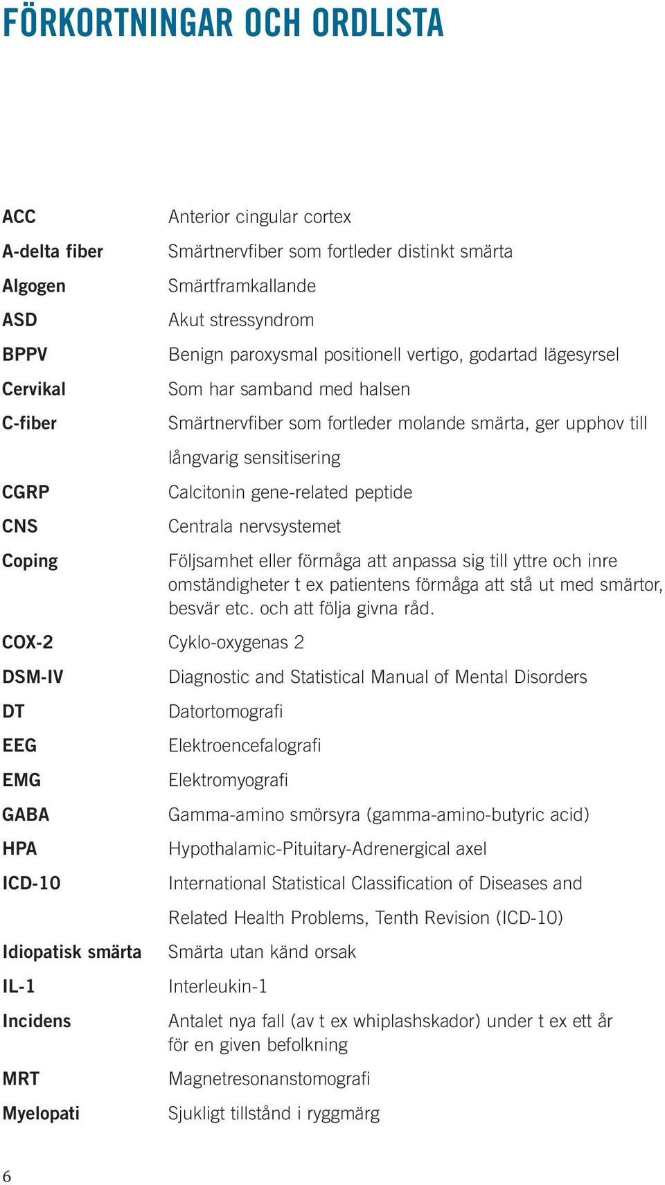 gene-related peptide Centrala nervsystemet COX-2 Cyklo-oxygenas 2 DSM-IV DT EEG EMG GABA HPA ICD-10 Idiopatisk smärta IL-1 Incidens MRT Myelopati Följsamhet eller förmåga att anpassa sig till yttre