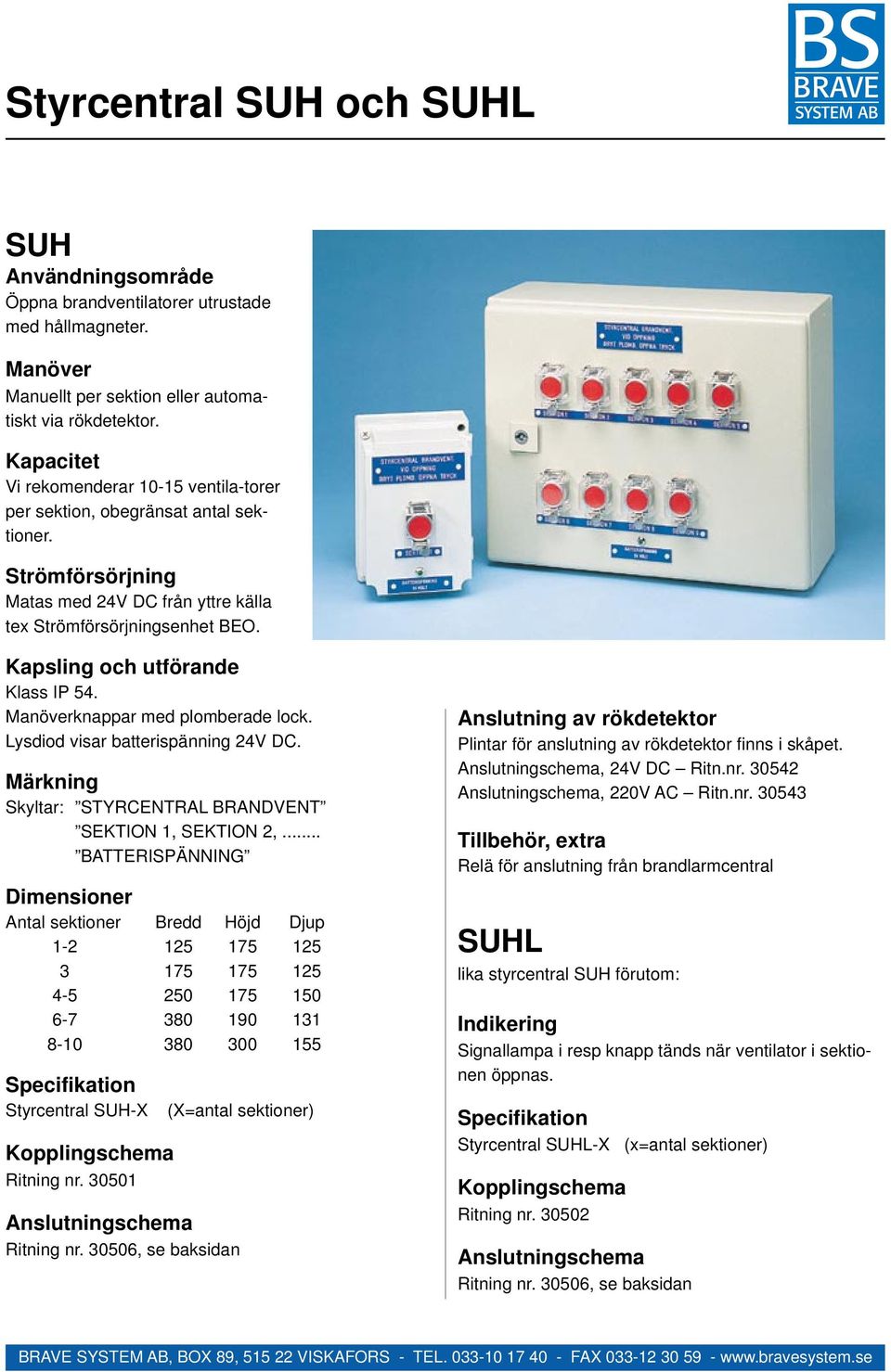 Kapsling och utförande Klass IP 54. Manöverknappar med plomberade lock. Lysdiod visar batterispänning DC. Märkning Skyltar: STYRCENTRAL BRANDVENT SEKTION 1, SEKTION 2,.