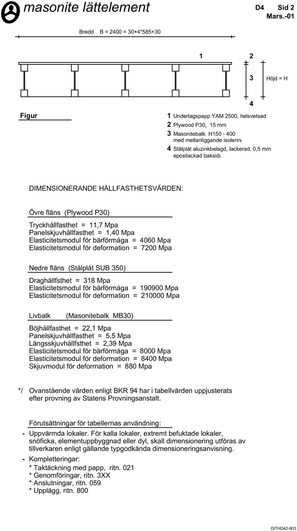 lackerad, 0,5 mm epoxilackad baksida DIMENSIONERANDE HÅLLFASTHETSVÄRDEN: Övre fläns (Plywood P30) Tryckhållfasthet = 11,7 Mpa Panelskjuvhållfasthet = 1,40 Mpa Elasticitetsmodul för bärförmåga = 4060