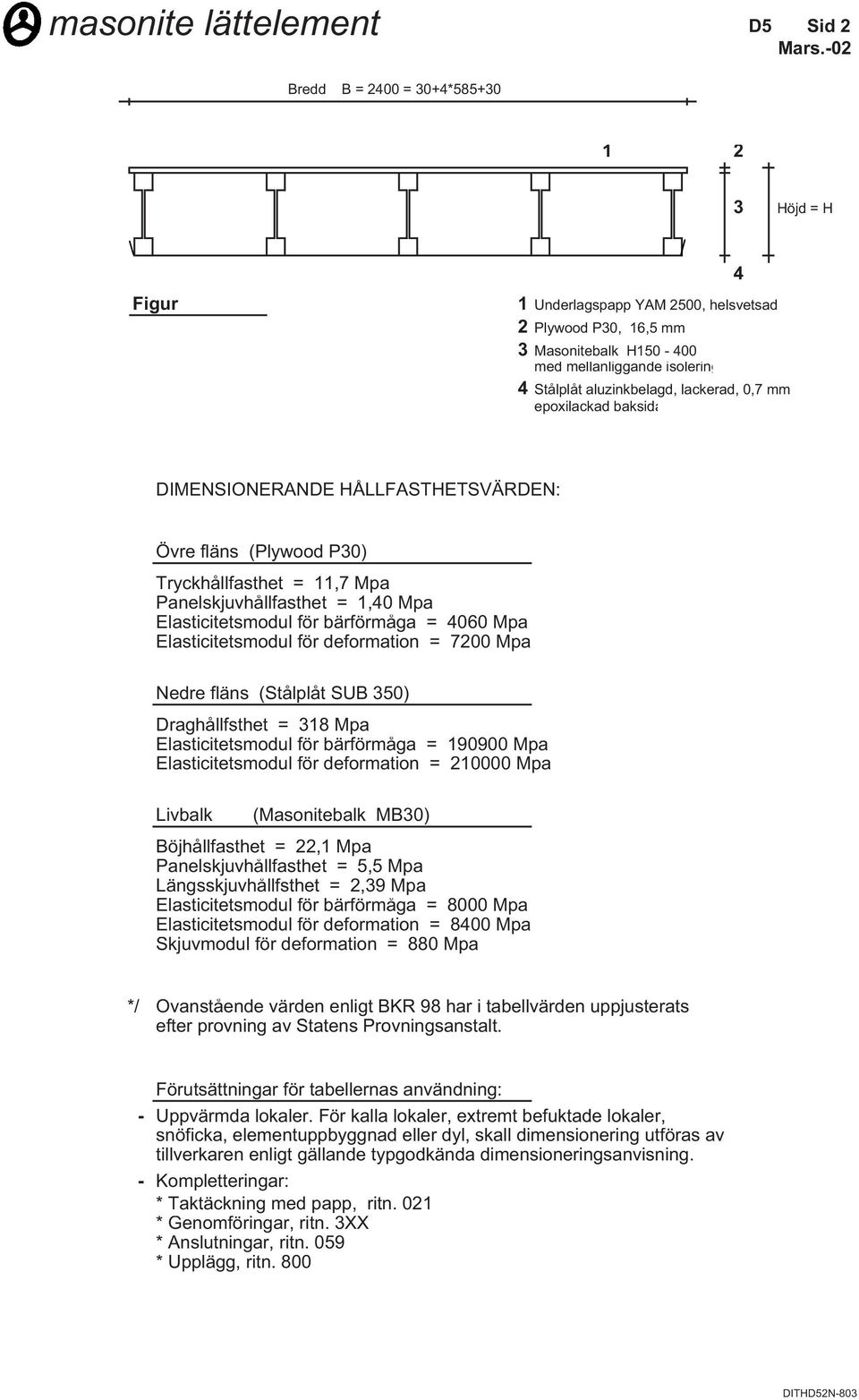 lackerad, 0,7 mm epoxilackad baksida DIMENSIONERANDE HÅLLFASTHETSVÄRDEN: Övre fläns (Plywood P30) Tryckhållfasthet = 11,7 Mpa Panelskjuvhållfasthet = 1,40 Mpa Elasticitetsmodul för bärförmåga = 4060