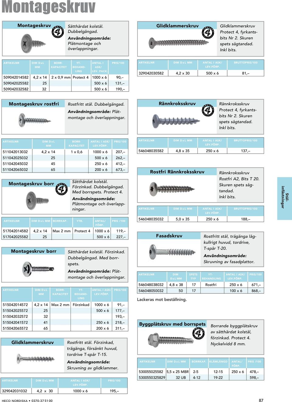 509042014582 4,2 x 14 2 x 0,9 mm Protect 4 1000 x 6 90, 509042025582 25 500 x 6 131, 509042032582 32 500 x 6 190, Artikelnr dim d x l mm antal i ask/ bruttopris/100 329042030582 4,2 x 30 500 x 6 81,