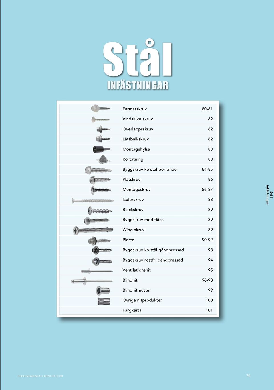 Byggskruv med fläns 89 Wing-skruv 89 Piasta 90-92 Byggskruv kolstål gängpressad 93 Byggskruv rostfri gängpressad