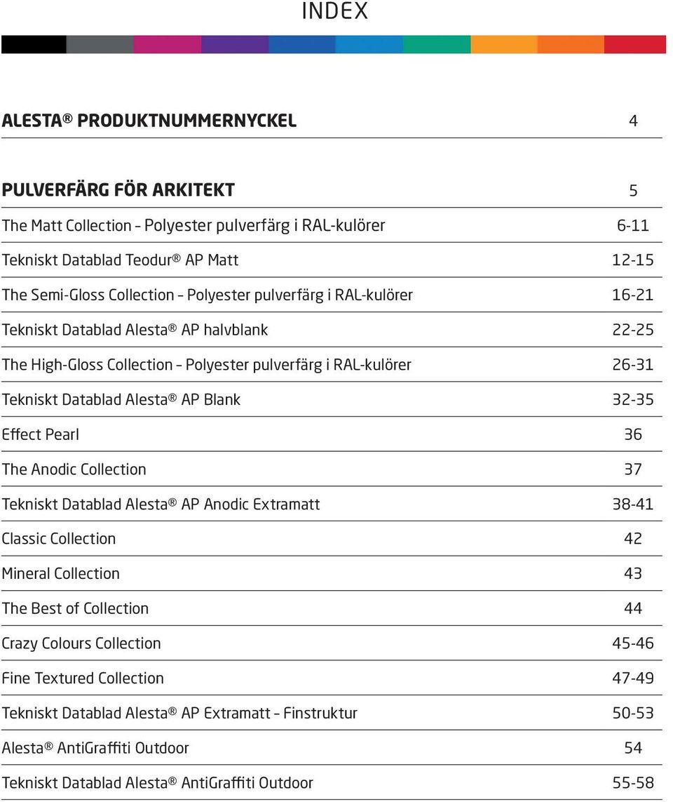 Alesta AP Blank 32-35 Effect Pearl 36 The Anodic Collection 37 Tekniskt Datablad Alesta AP Anodic Extramatt 38-41 Classic Collection 42 Mineral Collection 43 The Best of Collection 44
