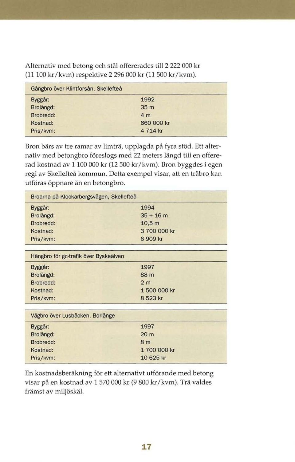 Ett alternativ med betongbro föreslogs med 22 meters längd till en offererad kostnad av 1 100000 kr (12 500 kr/kvm). Bron byggdes i egen regi av Skellefteå kommun.