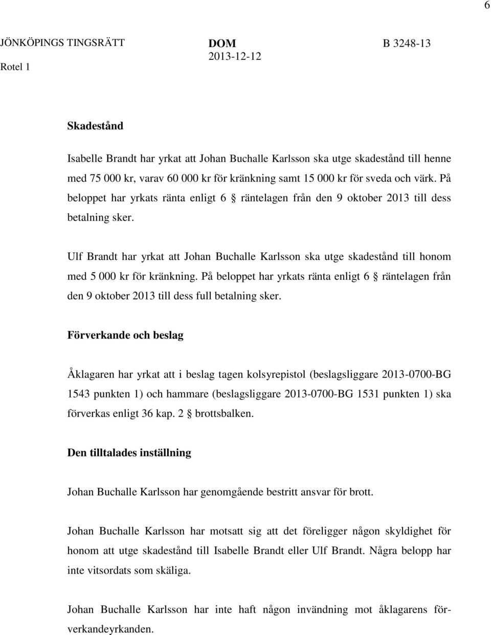 Ulf Brandt har yrkat att Johan Buchalle Karlsson ska utge skadestånd till honom med 5 000 kr för kränkning.