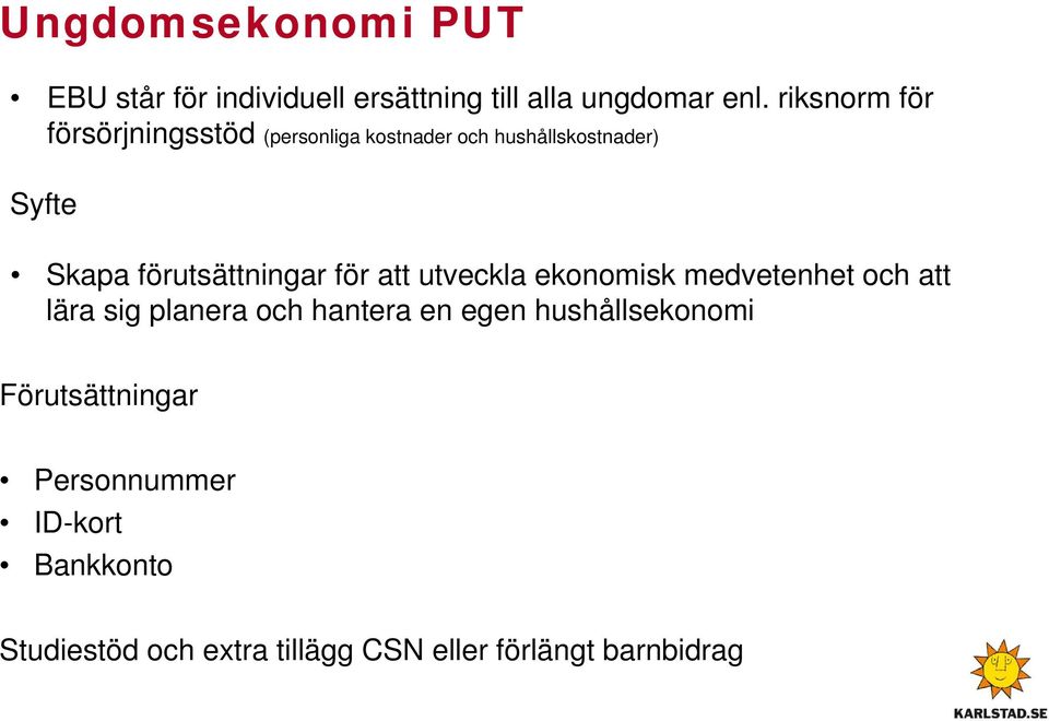 förutsättningar för att utveckla ekonomisk medvetenhet och att lära sig planera och hantera en