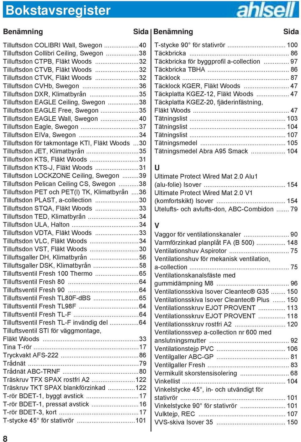 ..35 Tilluftsdon EAGLE Wall, Swegon...40 Tilluftsdon Eagle, Swegon...37 Tilluftsdon EIVa, Swegon...34 Tilluftsdon för takmontage KTI, Fläkt Woods...30 Tilluftsdon JET, Klimatbyrån.
