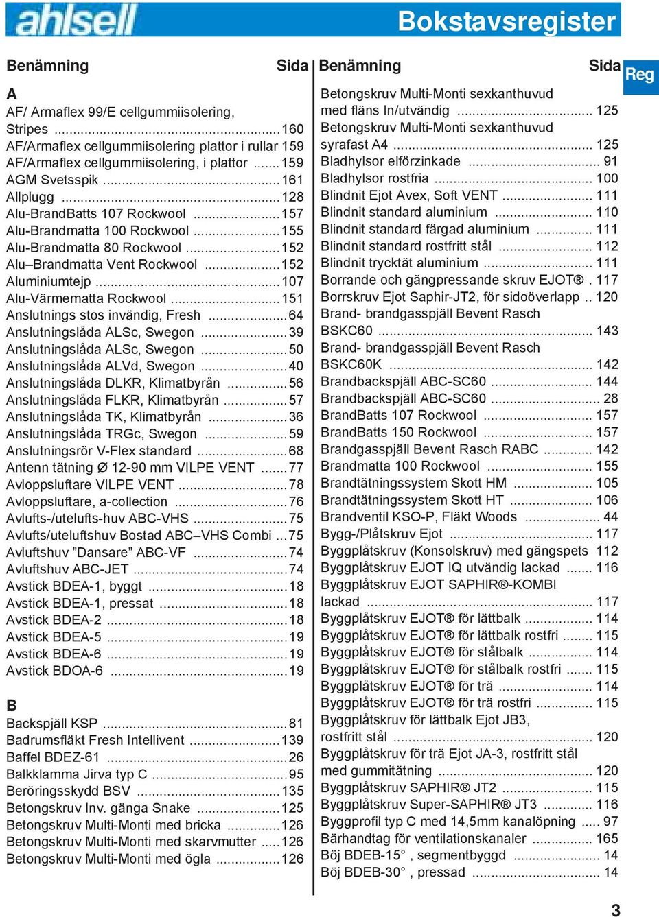 ..107 Alu-Värmematta Rockwool...151 Anslutnings stos invändig, Fresh...64 Anslutningslåda ALSc, Swegon...39 Anslutningslåda ALSc, Swegon...50 Anslutningslåda ALVd, Swegon.