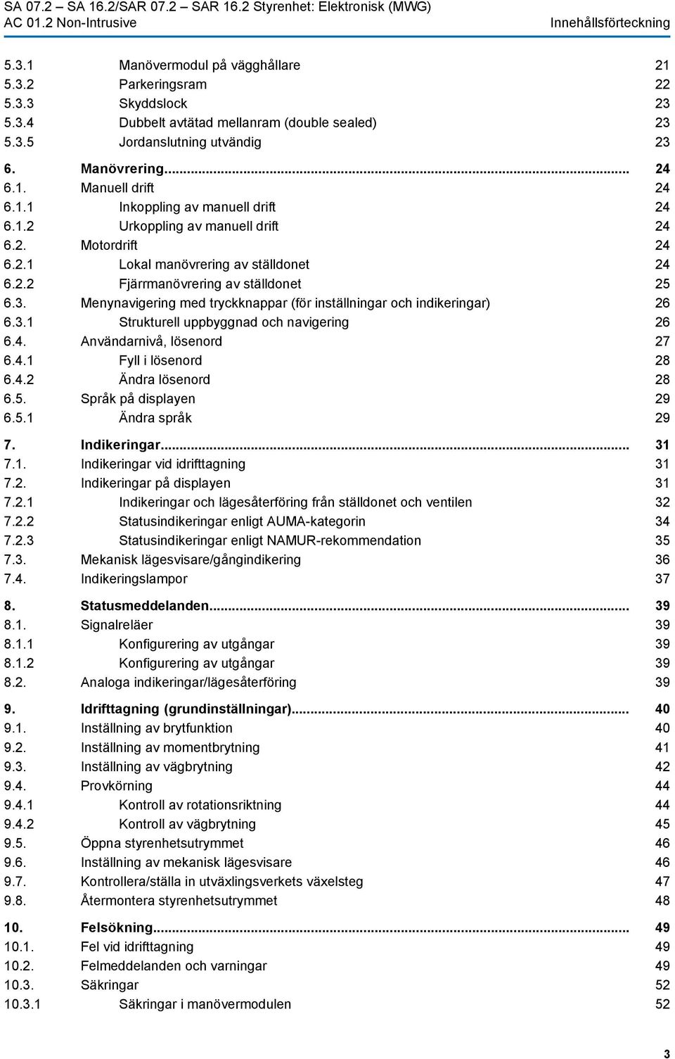 2.2 Fjärrmanövrering av ställdonet 6.3. Menynavigering med tryckknappar (för inställningar och indikeringar) 6.3.1 Strukturell uppbyggnad och navigering 6.4. Användarnivå, lösenord 6.4.1 Fyll i lösenord 6.