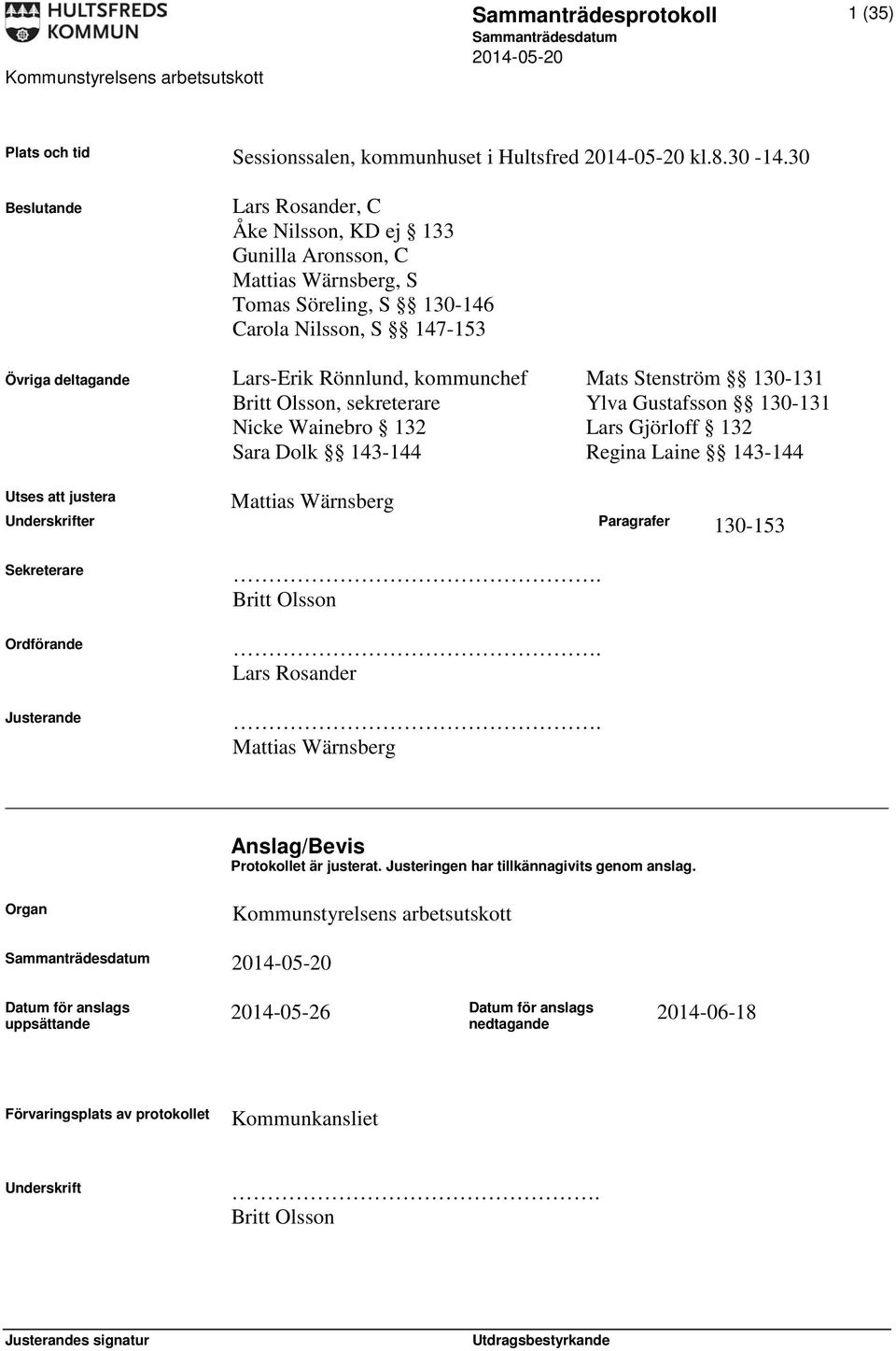 Mats Stenström 130-131 Britt Olsson, sekreterare Ylva Gustafsson 130-131 Nicke Wainebro 132 Lars Gjörloff 132 Sara Dolk 143-144 Regina Laine 143-144 Mattias Wärnsberg Utses att justera Underskrifter