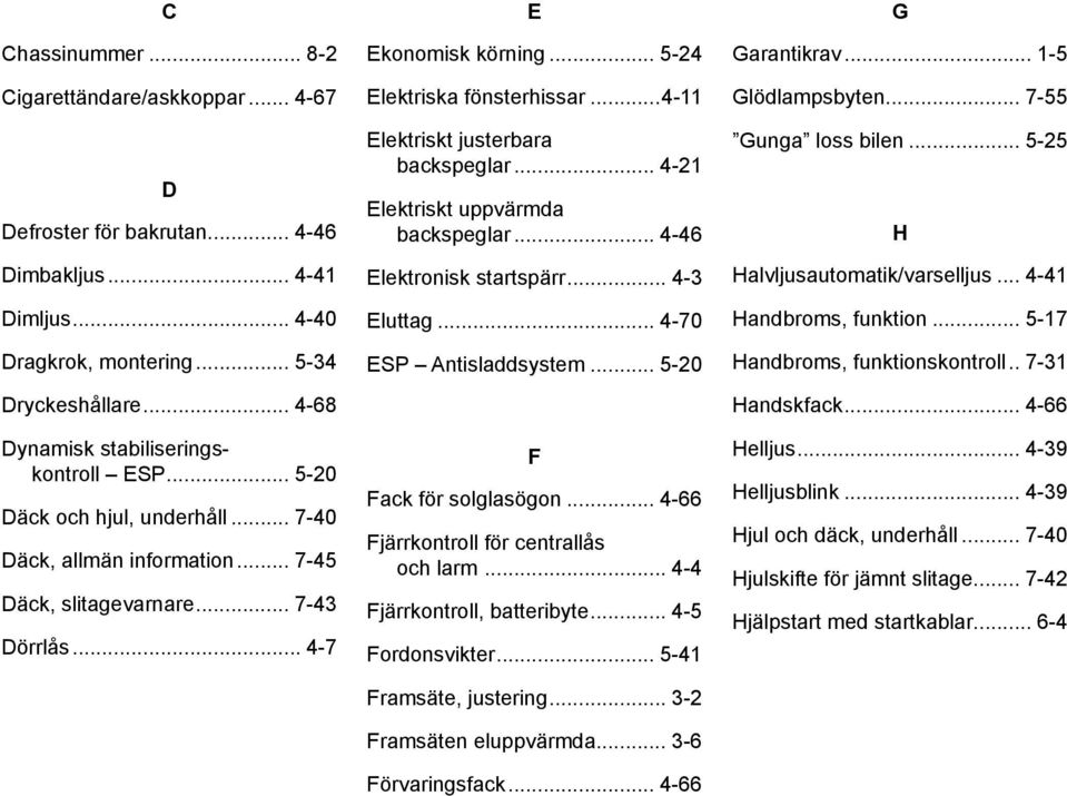 .. 5-24 Elektriska fönsterhissar...4-11 Elektriskt justerbara backspeglar... 4-21 Elektriskt uppvärmda backspeglar... 4-46 Elektronisk startspärr... 4-3 Eluttag... 4-70 ESP Antisladdsystem.