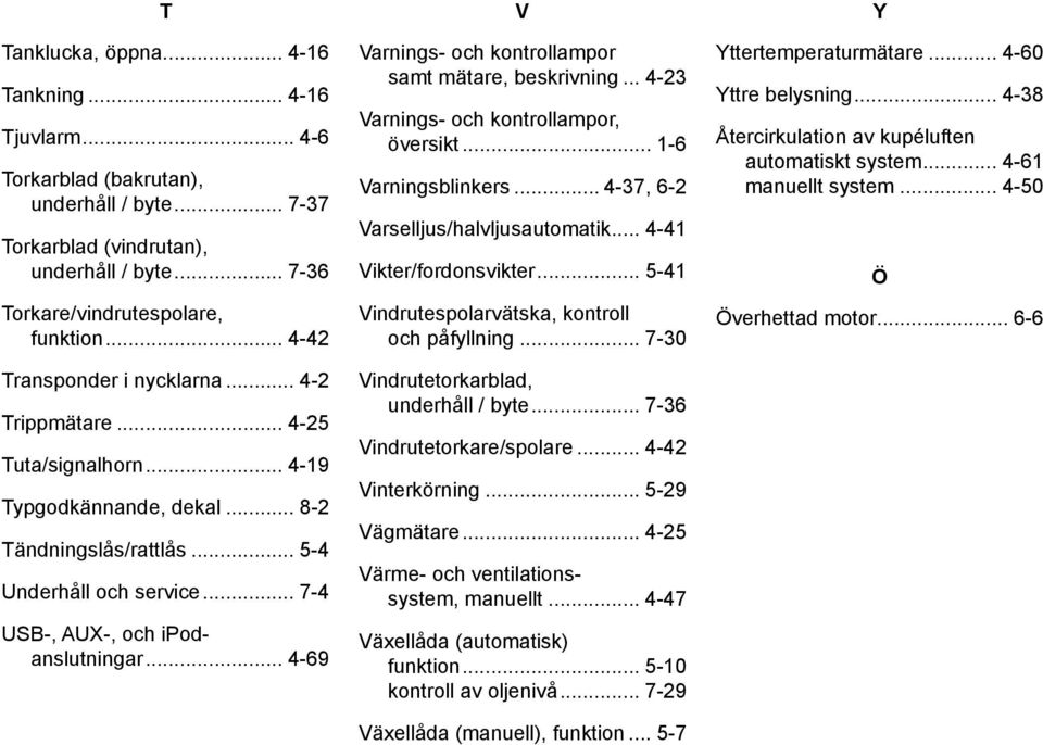 .. 4-69 V Varnings- och kontrollampor samt mätare, beskrivning... 4-23 Varnings- och kontrollampor, översikt... 1-6 Varningsblinkers... 4-37, 6-2 Varselljus/halvljusautomatik.