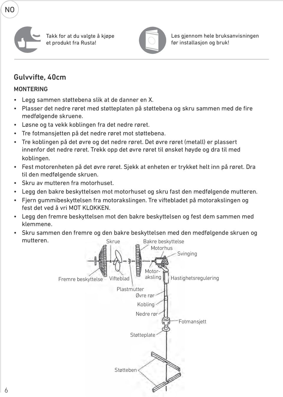 Tre fotmansjetten på det nedre røret mot støttebena. Tre koblingen på det øvre og det nedre røret. Det øvre røret (metall) er plassert innenfor det nedre røret.