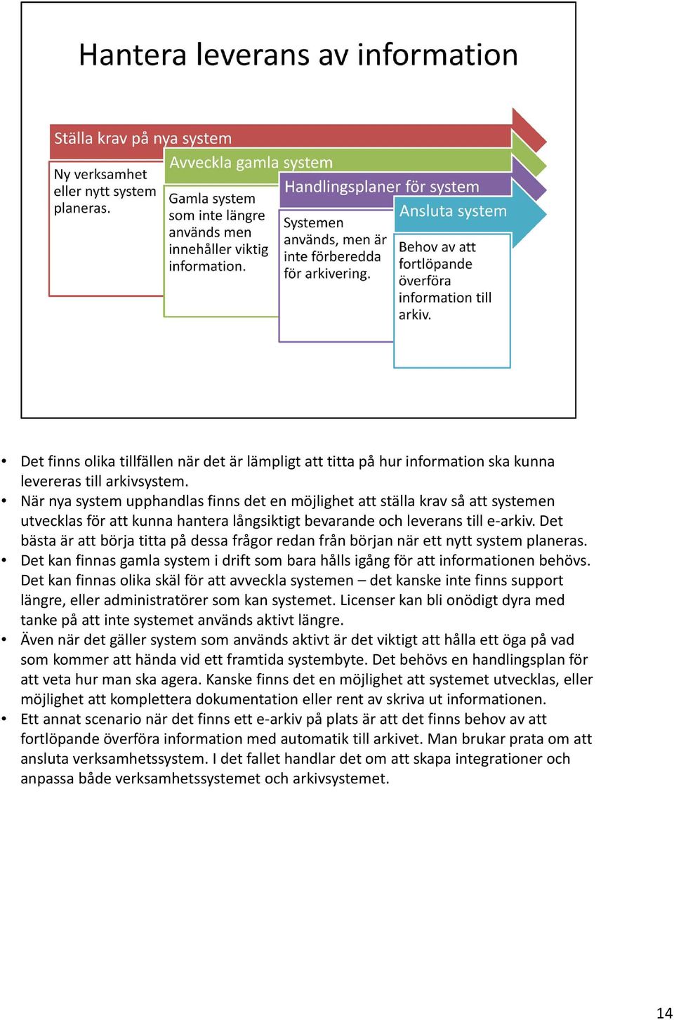 Det bästa är att börja titta på dessa frågor redan från början när ett nytt system planeras. Det kan finnas gamla system i drift som bara hålls igång för att informationen behövs.