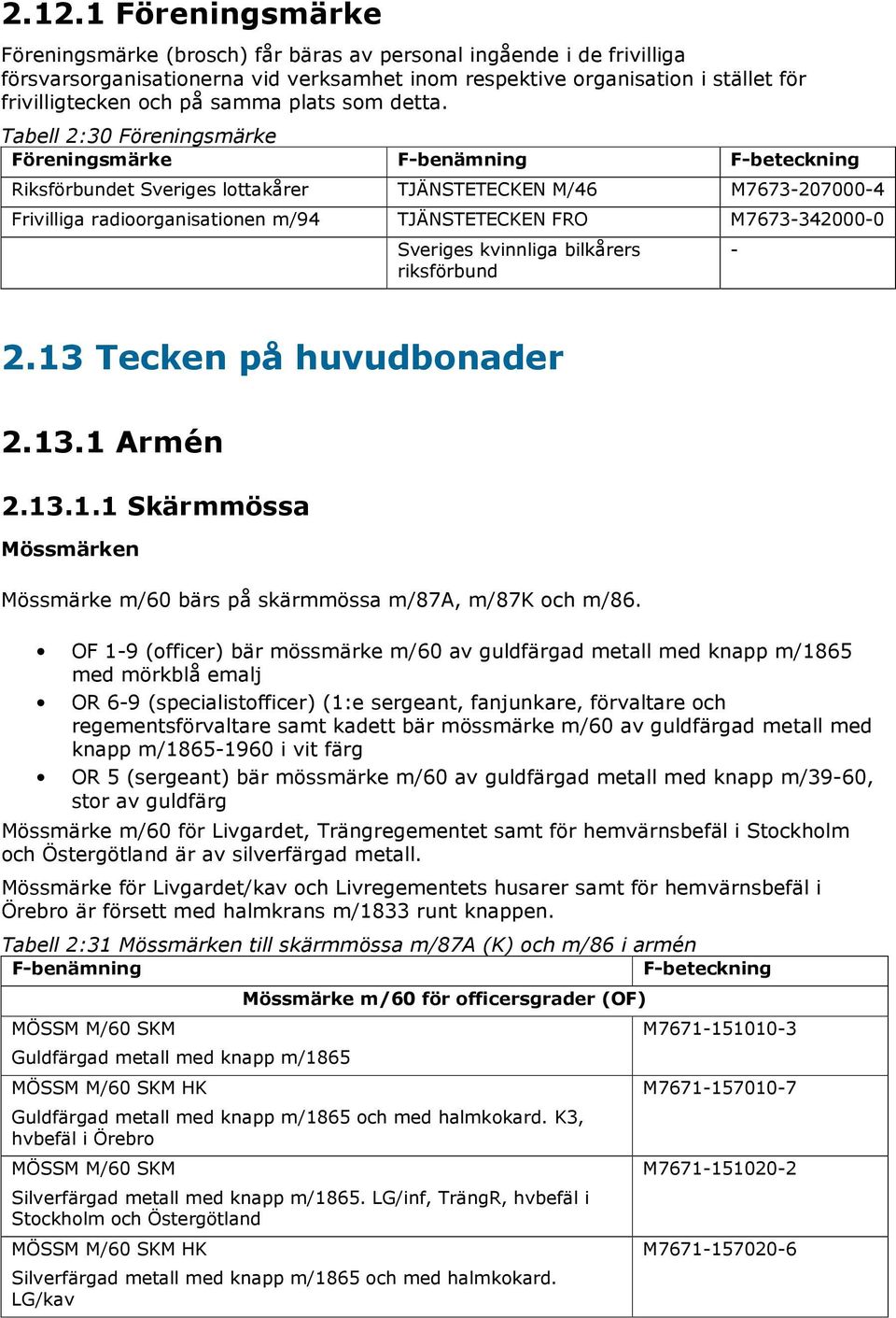 Tabell 2:30 Föreningsmärke Föreningsmärke F-benämning F-beteckning Riksförbundet Sveriges lottakårer TJÄNSTETECKEN M/46 207000-4 Frivilliga radioorganisationen m/94 TJÄNSTETECKEN FRO 342000-0