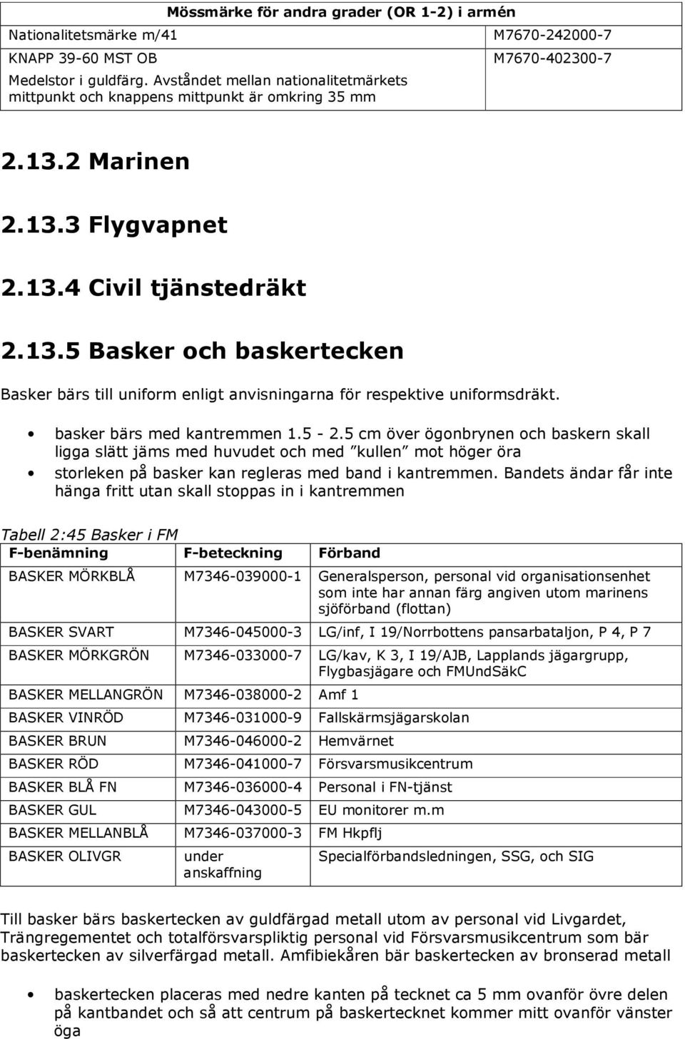 2 Marinen 2.13.3 Flygvapnet 2.13.4 Civil tjänstedräkt 2.13.5 Basker och baskertecken Basker bärs till uniform enligt anvisningarna för respektive uniformsdräkt. basker bärs med kantremmen 1.5-2.