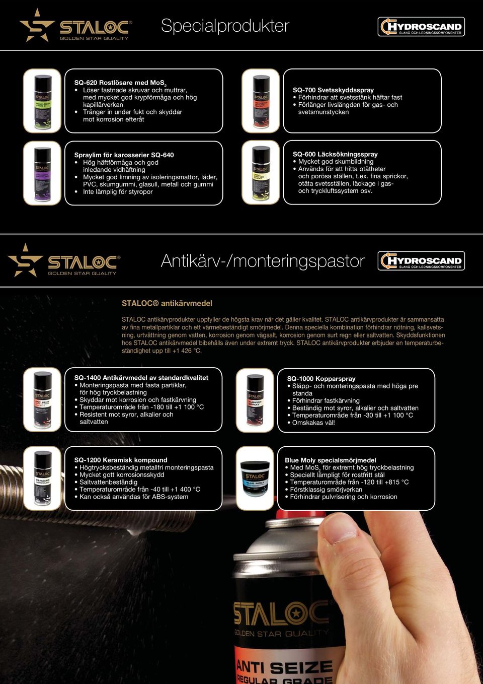 limning av isoleringsmattor, läder, PVC, skumgummi, glasull, metall och gummi Inte lämplig för styropor SQ-600 Läcksökningsspray Mycket god skumbildning Används för att hitta otätheter och porösa