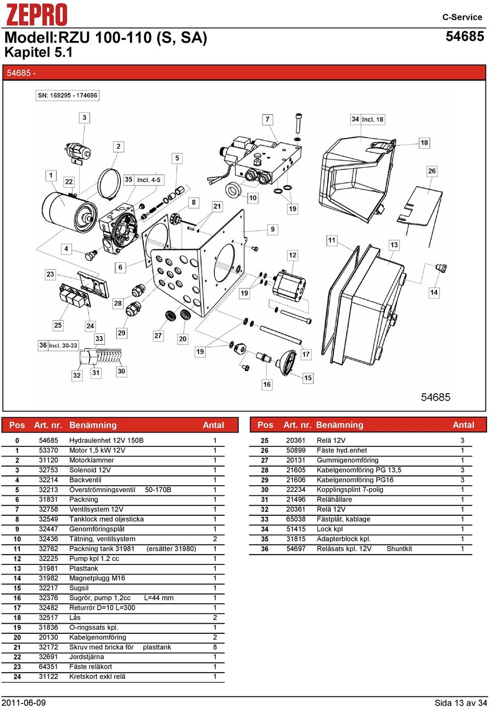 Genomföringsplåt 0 46 Tätning, ventilsystem 76 Packning tank 98 (ersätter 980) 5 Pump kpl.