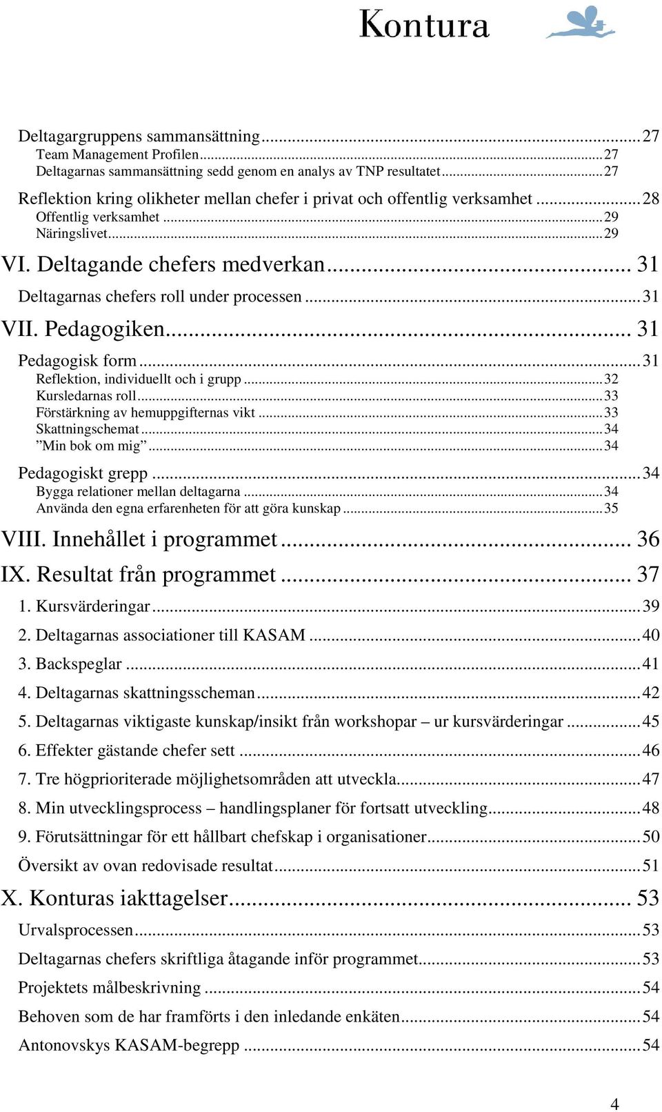 .. 31 Deltagarnas chefers roll under processen... 31 VII. Pedagogiken... 31 Pedagogisk form... 31 Reflektion, individuellt och i grupp... 32 Kursledarnas roll... 33 Förstärkning av hemuppgifternas vikt.