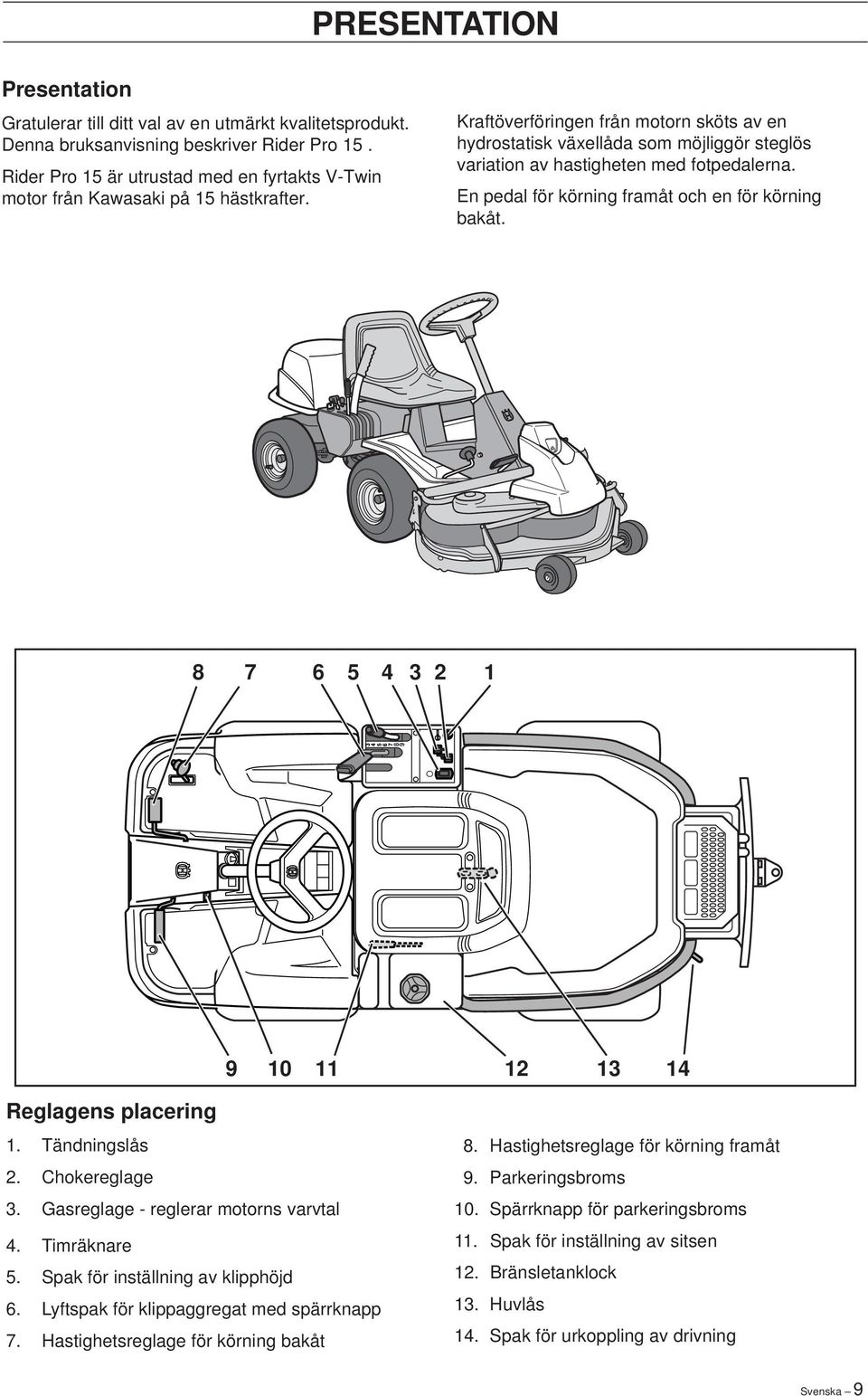 Kraftöverföringen från motorn sköts av en hydrostatisk växellåda som möjliggör steglös variation av hastigheten med fotpedalerna. En pedal för körning framåt och en för körning bakåt.