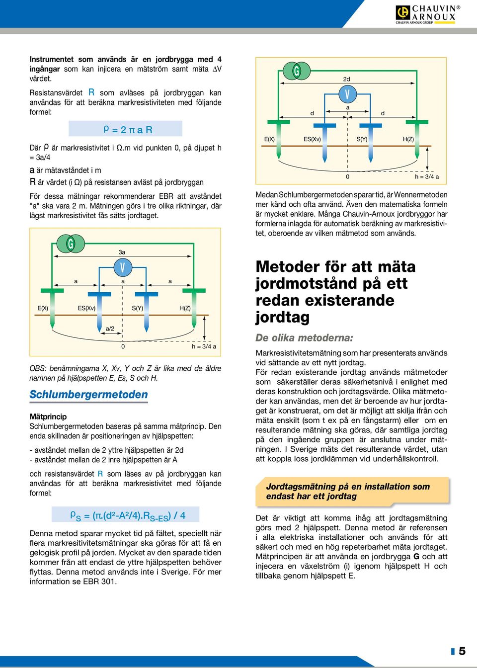 m vid punkten 0, på djupet h = 3a/4 a är mätavståndet i m R är värdet (i Ω) på resistansen avläst på jordbryggan För dessa mätningar rekommenderar EBR att avståndet "a" ska vara 2 m.