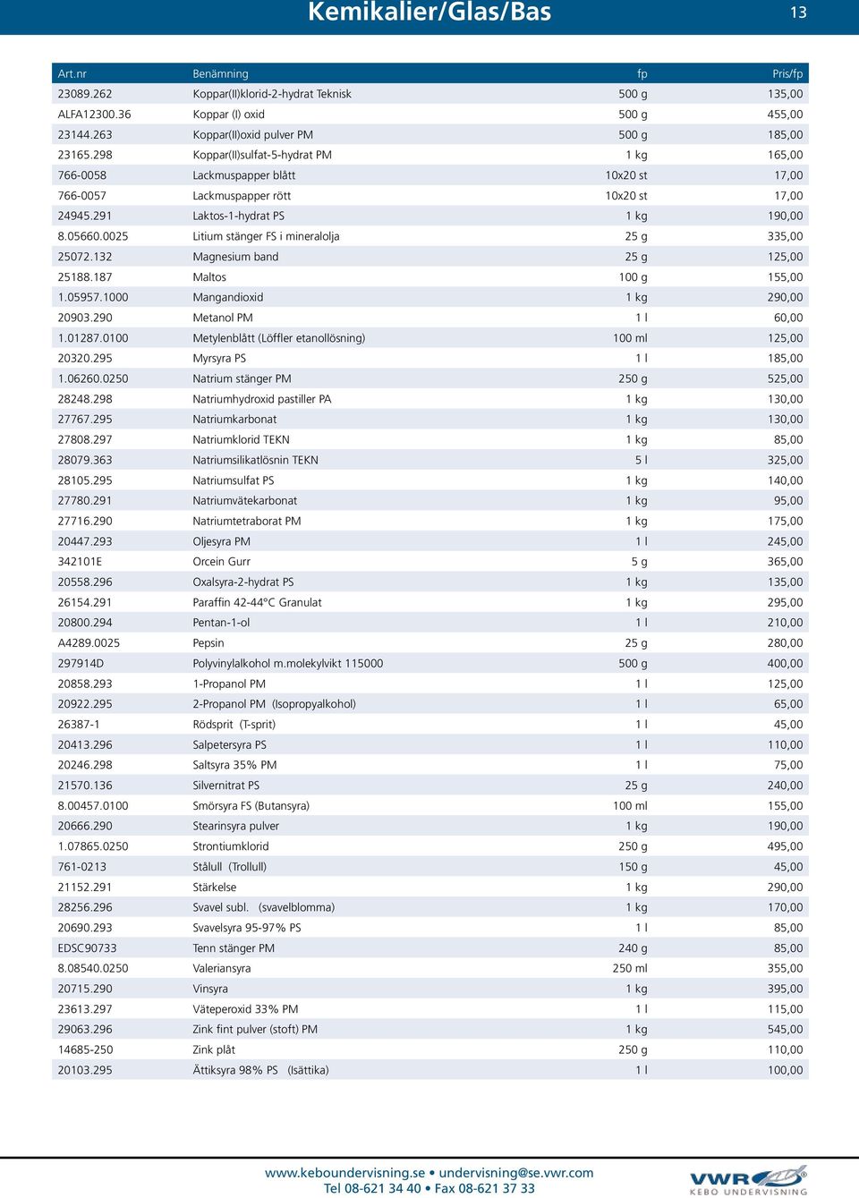 0025 Litium stänger FS i mineralolja 25 g 335,00 25072.132 Magnesium band 25 g 125,00 25188.187 Maltos 100 g 155,00 1.05957.1000 Mangandioxid 1 kg 290,00 20903.290 Metanol PM 1 l 60,00 1.01287.