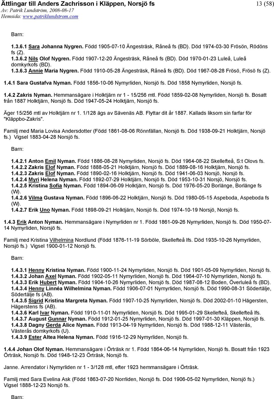 Född 1856-10-06 Nymyrliden, Norsjö Död 1858 Nymyrliden, Norsjö 1.4.2 Zakris Nyman. Hemmansägare i Holktjärn nr 1-15/256 mtl.