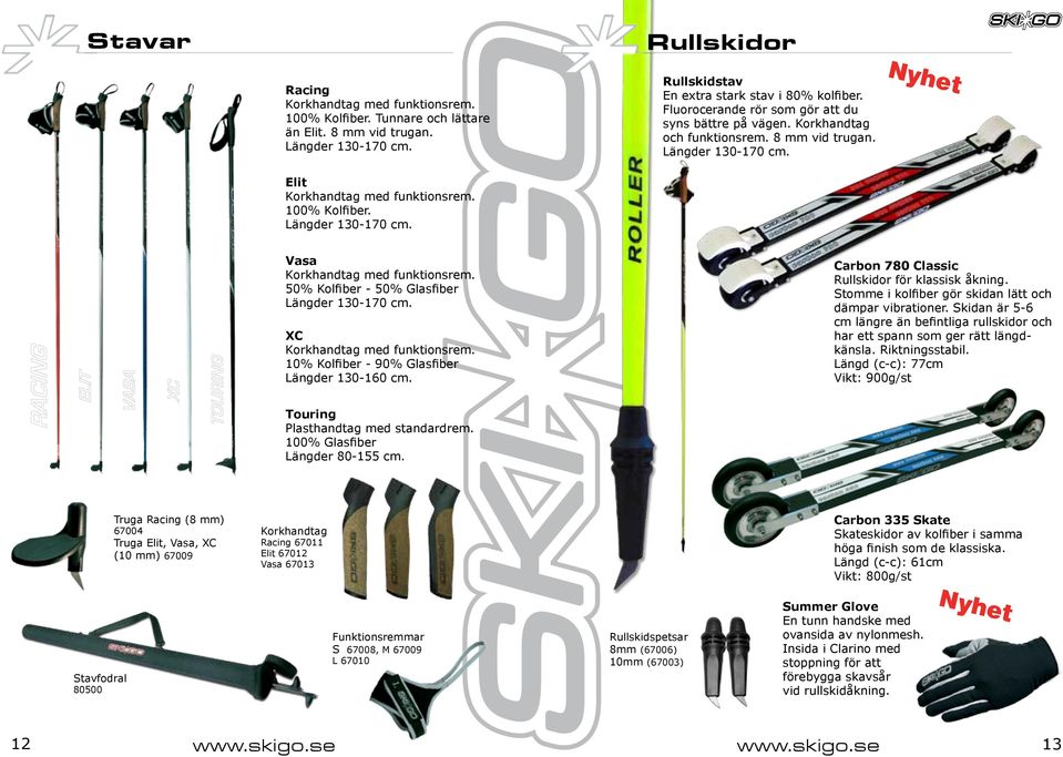 50% Kolfiber - 50% Glasfiber Längder -170 cm. XC Korkhandtag med funktionsrem. 10% Kolfiber - 90% Glasfiber Längder -160 cm. Carbon 780 Classic Rullskidor för klassisk åkning.