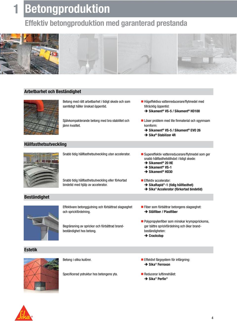 Högeffektiva vattenreducerare/flytmedel med tillräcklig öppentid: Sikament VS-5 / Sikament HD100 Löser problem med lite finmaterial och ogynnsam kornform: Sikament VS-5 / Sikament EVO 26 Sika