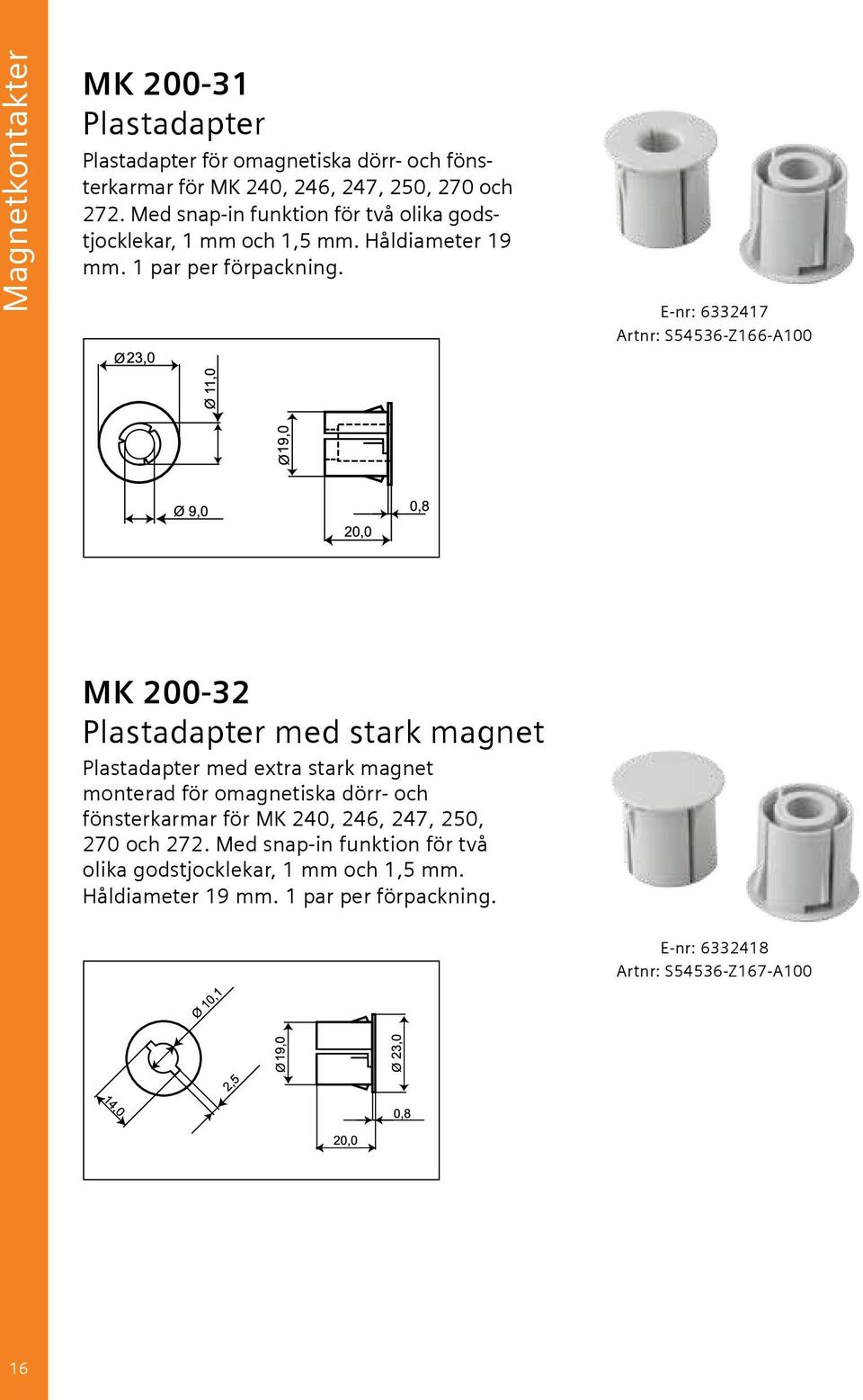 E-nr: 6332417 Artnr: S54536-Z166-A100 MK 200-32 Plastadapter med stark magnet Plastadapter med extra stark magnet monterad för omagnetiska dörr- och