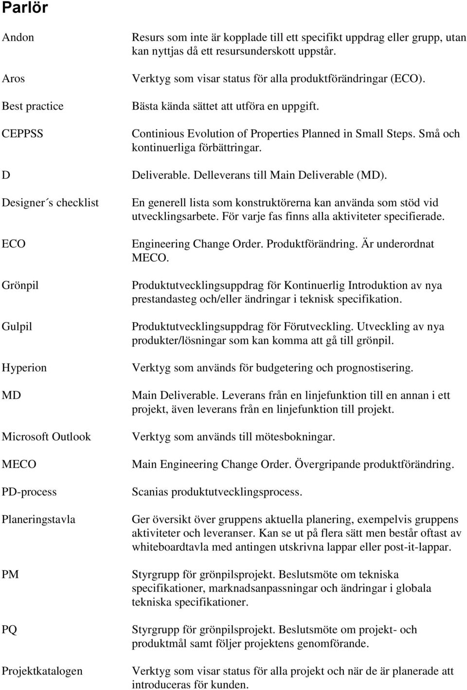 Continious Evolution of Properties Planned in Small Steps. Små och kontinuerliga förbättringar. Deliverable. Delleverans till Main Deliverable (MD).